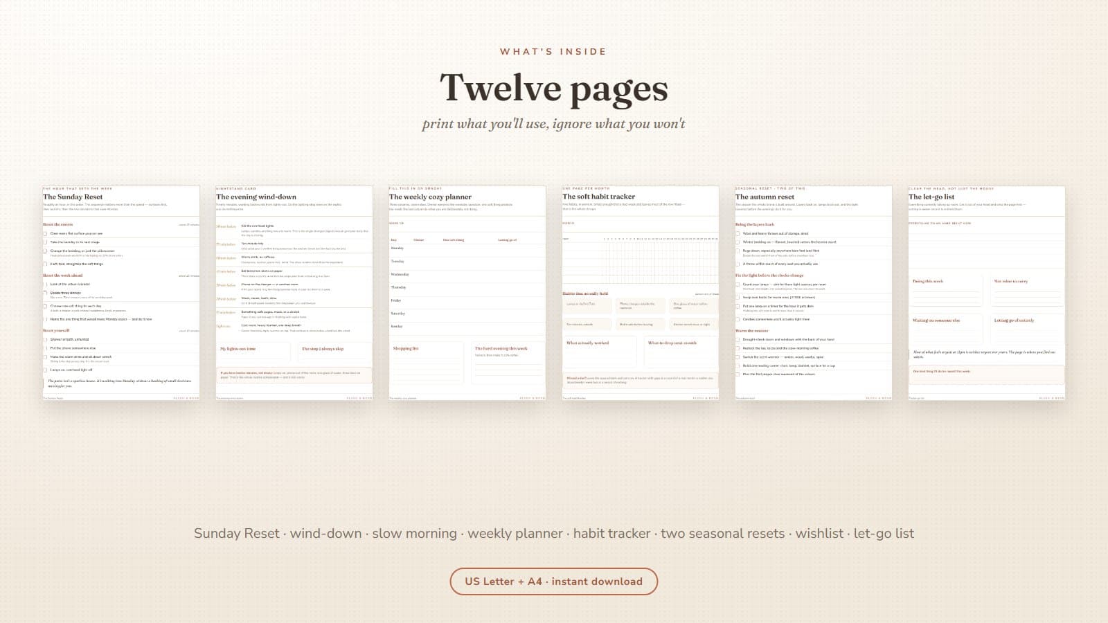 All twelve pages of The Cozy Reset printable kit