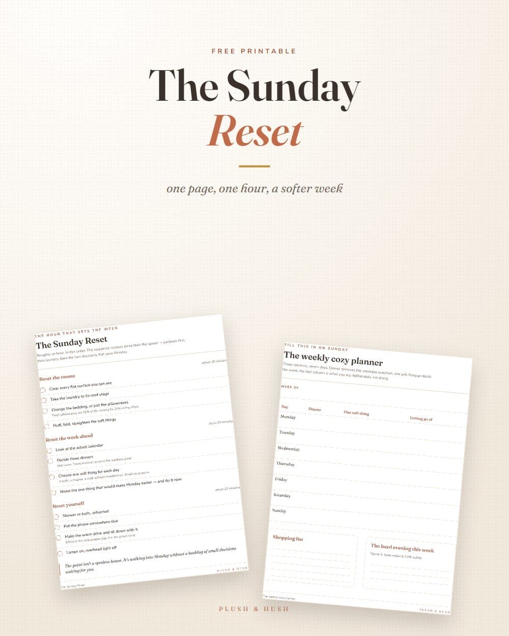 The Sunday Reset printable page alongside the weekly cozy planner