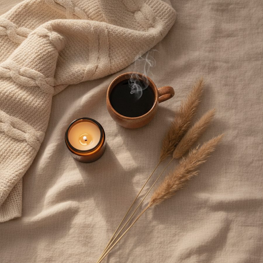 A cream knit throw, a steaming mug and a lit candle on soft linen