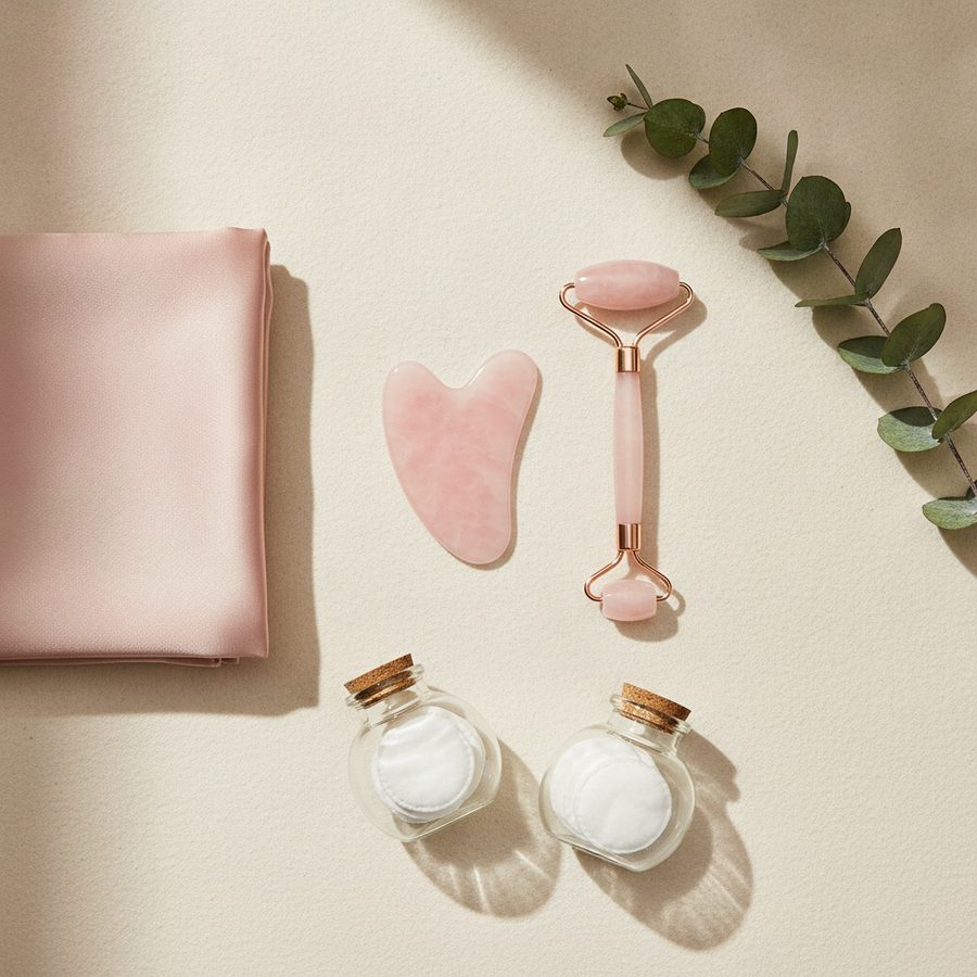 Rose quartz gua sha and roller with a silk pillowcase